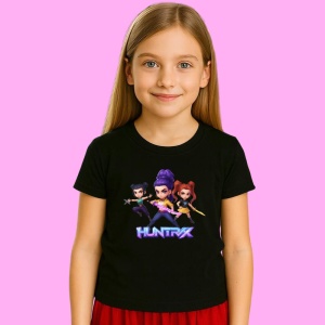Tricou Huntrix K Pop Hunters Demon Huntrix Chibi Cu Arme, din bumbac 100%, tricou negru, Copii | Dama | Barbat - Img 2