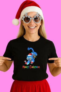 Tricou Huntrix K Pop Hunters Demon Pisica Albastra Merry Christmas, din bumbac 100%, tricou negru, Copii | Dama | Barbat