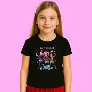 Tricou Huntrix K Pop Hunters Demon Trio Fete Sarbatori Cu Mascota, din bumbac 100%, tricou negru, Copii | Dama | Barbat - Img 2