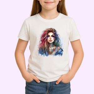 Tricou intense look woman rainbow hair tattoo, femeie cu privire intensa si par curcubeu, Copii | Dama | Barbat - Img 3