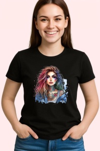 Tricou Intense look woman rainbow hair tattoo, femeie cu privire intensa si par curcubeu, Copii | Dama | Barbat , tricou negru