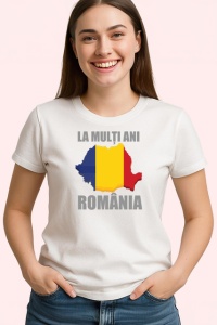 Tricou La Multi Ani Romania Harta Tricolor Steag, din bumbac 100% , tricou alb pentru Copii | Dama | Barbat - Img 3