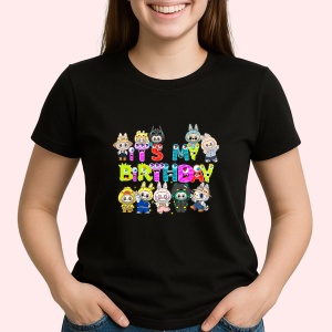 Tricou Labubu birthday multicolor, Unisex Dama si Barbat | Copii, Culoare Negru