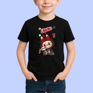 Tricou Labubu pupici rosii, Unisex Dama si Barbat | Copii, Culoare Negru - Img 2