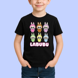 Tricou Labubu trio vertical, Unisex Dama si Barbat | Copii, Culoare Negru - Img 2