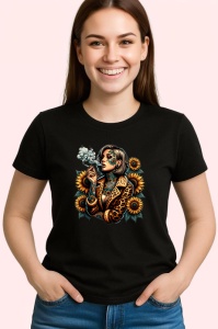 Tricou Leopard girl smoking sunflowers, fata leopard fumand si floarea soarelui, Copii | Dama | Barbat , tricou negru