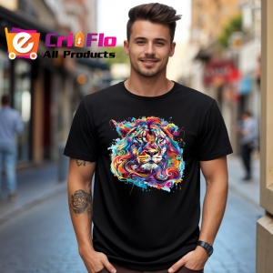 Tricou Leu artistic curcubeu cu coama flacara Copii | Dama | Barbat, culoare negru - Img 5