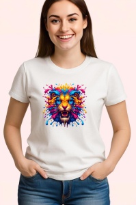 Tricou Leu auriu cu coama suflata de vant fundal alb Copii | Dama | Barbat - Img 3