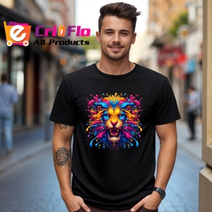 Tricou Leu auriu cu coama suflata de vant fundal alb Copii | Dama | Barbat, culoare negru - Img 5
