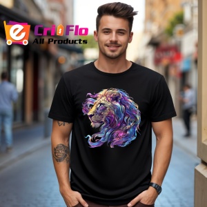 Tricou Leu cu coama colorata in vant fundal alb Copii | Dama | Barbat, culoare negru - Img 6