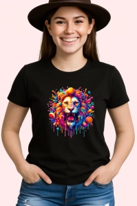 Tricou Leu inflacarat cu fundal roz portocaliu Copii | Dama | Barbat, culoare negru - Img 3
