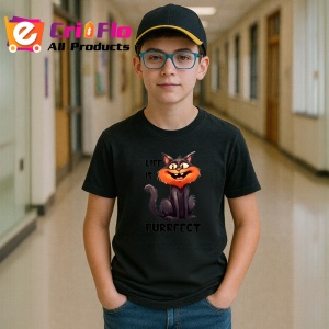 Tricou Life is purrfect poster pisica zambitoare mesaj amuzant, Copii | Dama | Barbat , tricou negru
