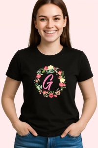 Tricou Litera G Colectia Flori Text Roz, din bumbac 100%, tricou negru, Dama | Barbat