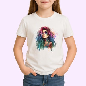 Tricou long rainbow hair tattoo girl, fata cu par lung curcubeu si tatuaje, Copii | Dama | Barbat - Img 3