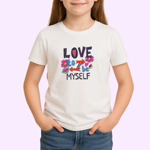 Tricou Love To Be Myself Text Colorat Inimi V1, din bumbac 100% , tricou alb pentru Copii | Dama | Barbat - Img 2