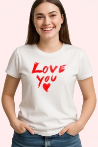 Tricou Love You Scris Artistic Rosu Pe Alb, din bumbac 100% , tricou alb pentru Copii | Dama | Barbat - Img 3