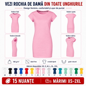 Tricou lung damă tip rochie Freedom 178, bumbac, croială lejeră, 180 g/m², XS–2XL, 15 culori - Img 7