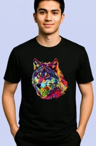 Tricou Lup colorat in stil pop art fundal alb Copii | Dama | Barbat, culoare negru - Img 2