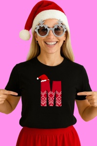 Tricou M Litera Rosie Cu Caciulita Si Inimioare Albe, din bumbac 100% Copii | Dama | Barbat - Img 2