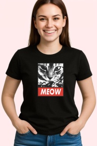 Tricou Meow Portret Pisica Gri Detaliat, din bumbac 100%, tricou negru Copii | Dama | Barbat - Img 3