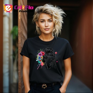 Tricou Messy bun girl color floral splash, fata coc lejer cu flori colorate, Copii | Dama | Barbat , tricou negru - Img 8