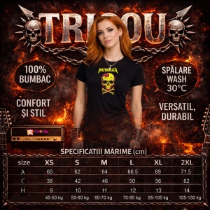 Tricou Metallica Craniu Galben Toxic, din bumbac 100%, tricou negru, Dama | Barbat - Img 5