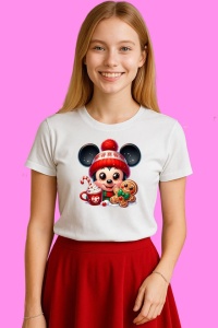 Tricou Mickey Christmas Chibi Cu Cana Si Biscuit, din bumbac 100%, tricou alb, Copii | Dama | Barbat - Img 3
