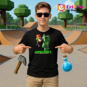 Tricou Minecraft Steve Cu Spada vs Golem Tricou Negru Copii | Dama | Barbat - Img 2