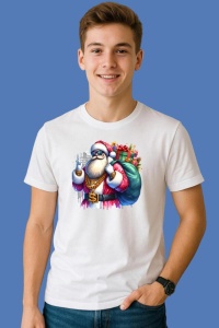 Tricou Mos Craciun Cu Sac Mare Si Ochelari De Soare, din bumbac 100%, tricou alb, Copii | Dama | Barbat