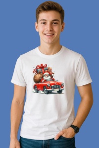 Tricou Mos Craciun In Masina Rosie Cu Sac De Cadouri, din bumbac 100%, tricou alb, Copii | Dama | Barbat
