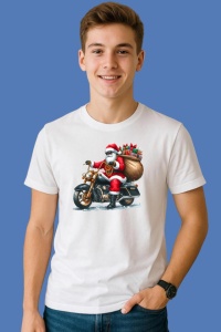 Tricou Mos Craciun Pe Motocicleta Cu Sac De Cadouri, din bumbac 100%, tricou alb, Copii | Dama | Barbat - Img 1