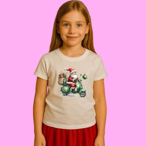 Tricou Mos Craciun Pe Scuter Verde Cu Cadouri, din bumbac 100%, tricou alb, Copii | Dama | Barbat - Img 1