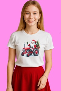 Tricou Mos Craciun Pe Tractor Rosu, din bumbac 100%, tricou alb, Copii | Dama | Barbat