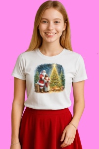 Tricou Mos Craciun Si Iisus Langa Brad Impodobit, din bumbac 100%, tricou alb, Copii | Dama | Barbat