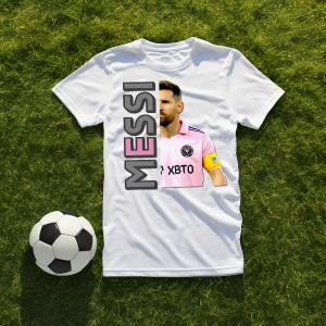 Tricou alb personalizat cu imaginea fotbalistului Messi și text vertical gri cu roz cu numele 'Messi', așezat pe iarbă lângă o minge de fotbal.
