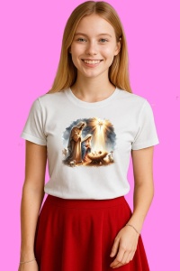 Tricou Nasterea Domnului La Iesle Sub Steaua Din Betleem – Scena Sfanta Craciun, din bumbac 100%, tricou alb, Copii | Dama | Barbat