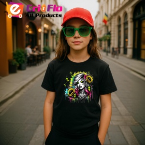 Tricou Neon eyes girl flowers tattoo, fata cu ochi neon si tatuaje florale, Copii | Dama | Barbat , tricou negru - Img 4