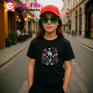 Tricou Noir woman fedora hat rose tattoo, femeie stil noir cu palarie fedora si trandafiri, Copii | Dama | Barbat , tricou negru - Img 4
