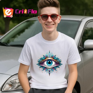 Tricou Ochi albastru turcoaz in mandala luminoasa cu elemente aurii Copii | Dama | Barbat Barbat - Img 8