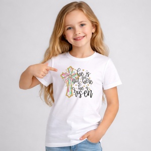 Tricou Paste Cruce Crestina He Is Risen Pastel Decor, din bumbac 100%, tricou alb, Copii | Dama | Barbat - Img 2