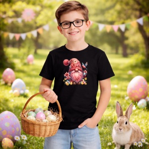 Tricou Paste Gnom Roz Pastel Cu Flori Si Pasare Decor, din bumbac 100%, tricou negru, Copii | Dama | Barbat - Img 5