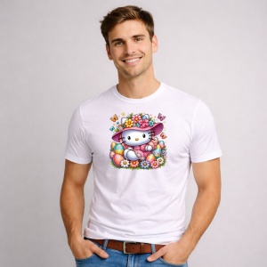 Tricou Paste Hello Kitty Palarie Flori Paste Oua Colorate, din bumbac 100%, tricou alb, Copii | Dama | Barbat - Img 3