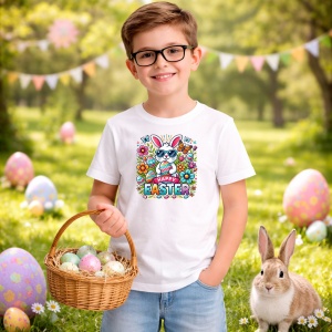 Tricou Paste Iepuras Cu Ochelari Flori Happy Easter Colorat, din bumbac 100%, tricou alb, Copii | Dama | Barbat - Img 5