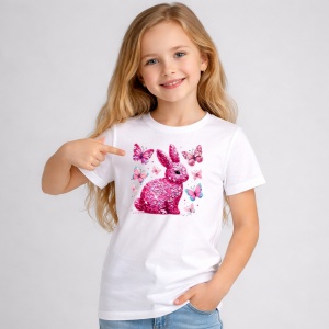 Tricou Paste Iepuras Glitter Roz Cu Fluturi Glam Aesthetic, din bumbac 100%, tricou alb, Copii | Dama | Barbat - Img 2