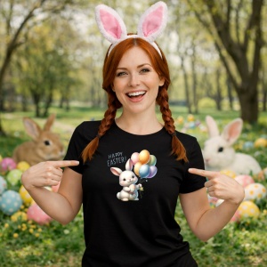 Tricou Paste Iepuras Paste Baloane Oua Colorate Happy Easter, din bumbac 100%, tricou negru, Copii | Dama | Barbat - Img 9
