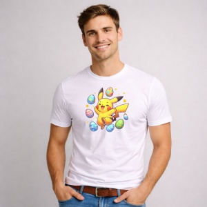 Tricou Paste Pikachu Paste Oua Colorate Iepuras, din bumbac 100%, tricou alb, Copii | Dama | Barbat - Img 2