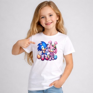 Tricou Paste Sonic Amy Iepurasi Paste Oua Colorate, din bumbac 100%, tricou alb, Copii | Dama | Barbat