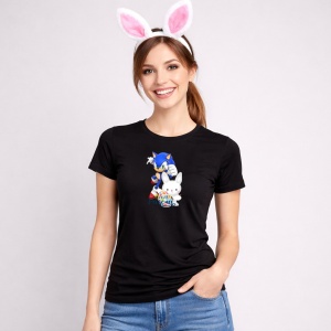 Tricou Paste Sonic Iepuras Felices Pascua Oua Colorate, din bumbac 100%, tricou negru, Copii | Dama | Barbat - Img 3