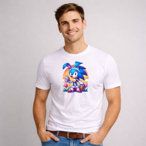 Tricou Paste Sonic Iepuras Paste Oua Colorate, din bumbac 100%, tricou alb, Copii | Dama | Barbat - Img 2