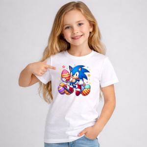 Tricou Paste Sonic Paste Oua Colorate Iepuras Stelute, din bumbac 100%, tricou alb, Copii | Dama | Barbat - Img 1